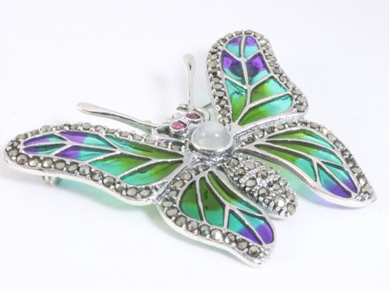 Grote zilveren vlinder broche met marcasiet, emaille, rozenkwarts en robijn afbeelding 2