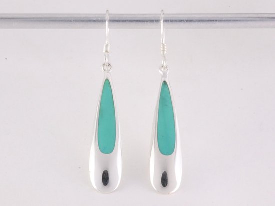 Lange druppelvormige zilveren oorbellen met groene turkoois afbeelding 1
