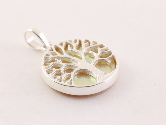 Fijne ronde zilveren hanger met levensboom op goudkleurige schelp afbeelding 2