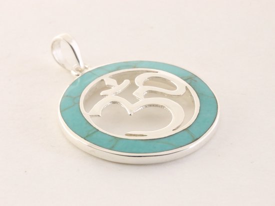 Ronde zilveren hanger met ohm teken en groene turkoois afbeelding 2