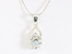 Fijne opengewerkte zilveren hanger met aqua chalcedoon aan ketting afbeelding 3