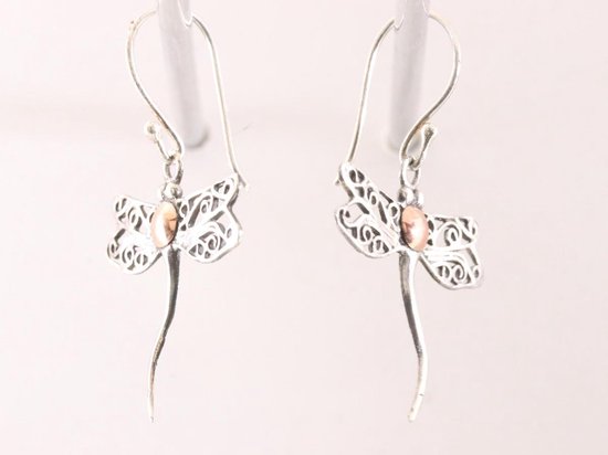 Fijne zilveren libelle oorbellen met 18k gouden decoratie afbeelding 2