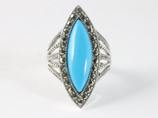Langwerpige zilveren ring met blauwe turkoois en marcasiet afbeelding 4