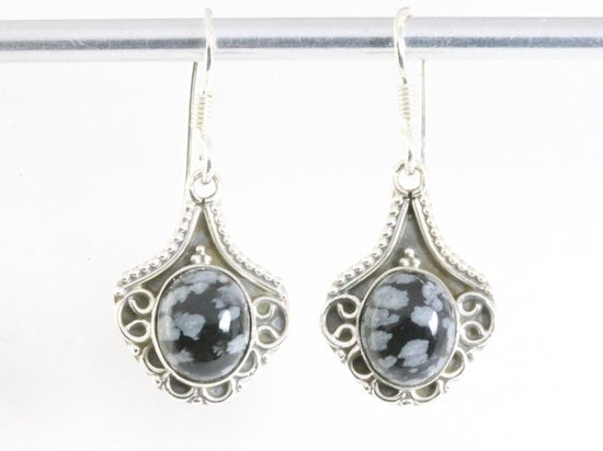 Bewerkte zilveren oorbellen met sneeuwvlok obsidiaan afbeelding 4