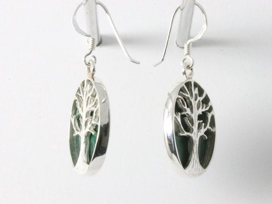 Ovale zilveren oorbellen met levensboom op malachiet afbeelding 2