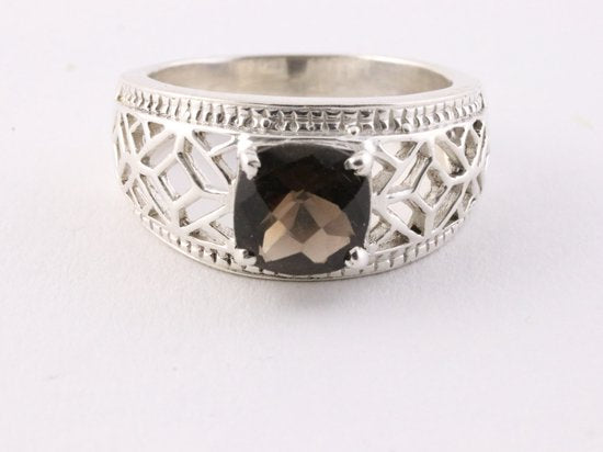 Opengewerkte zilveren ring met rookkwarts afbeelding 4