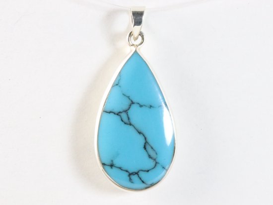 Druppelvormige zilveren hanger met blauwe turkoois afbeelding 4
