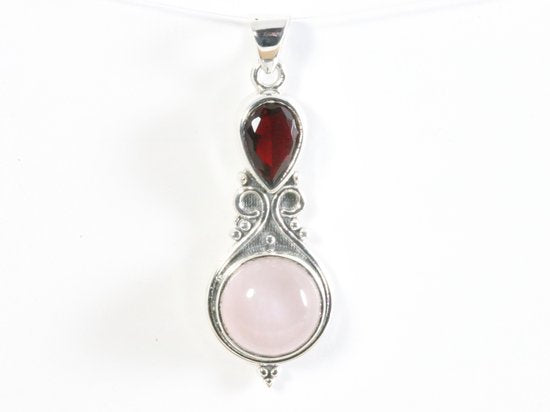 Bewerkte zilveren hanger met rozenkwarts en granaat afbeelding 4