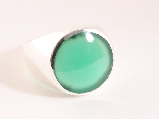 Ronde hoogglans zilveren ring met groene agaat afbeelding 1