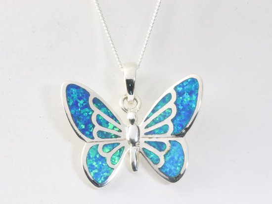Zilveren vlinder hanger met Australische opaal aan ketting afbeelding 4