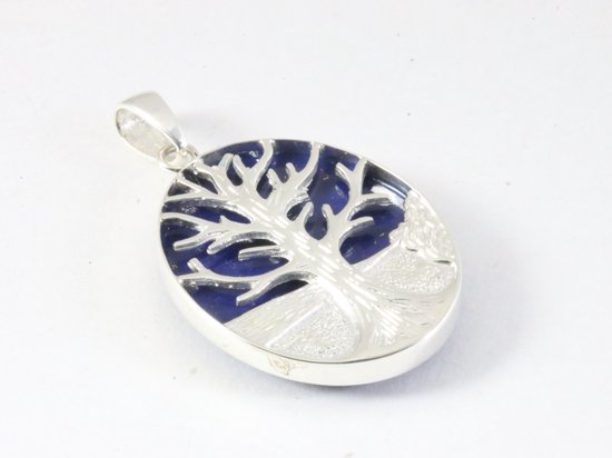 Ovale zilveren hanger met levensboom op lapis lazuli afbeelding 2