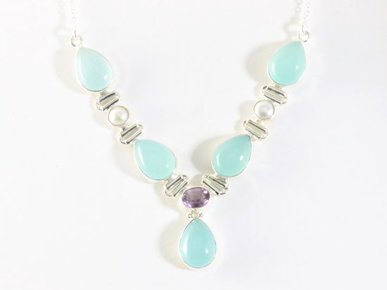 Zilveren ketting met aqua chalcedoon, amethist en parel afbeelding 4