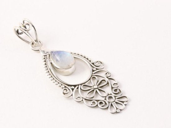 Fijne lange opengewerkte zilveren hanger met regenboog maansteen afbeelding 2