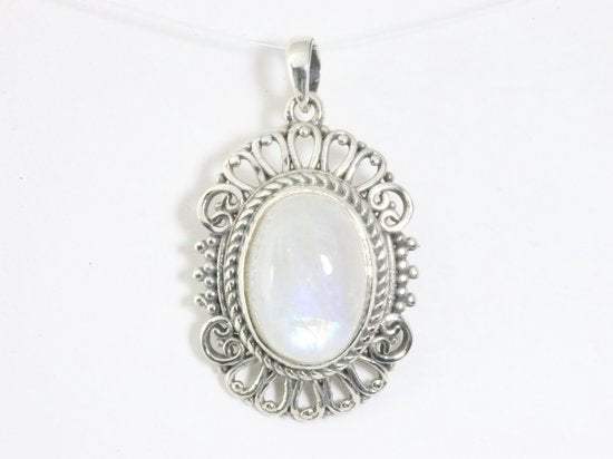 Opengewerkte zilveren hanger met regenboog maansteen afbeelding 4