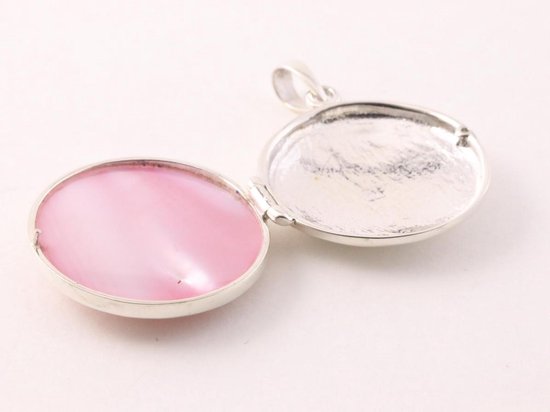 Rond opengewerkt zilveren medaillon met roze parelmoer afbeelding 4