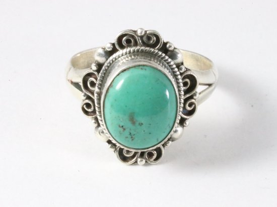 Bewerkte zilveren ring met Tibetaanse groene turkoois afbeelding 4