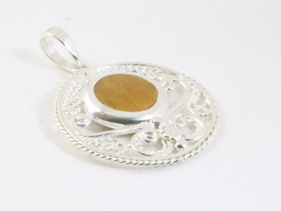 Ronde opengewerkte zilveren hanger met tijgeroog afbeelding 2