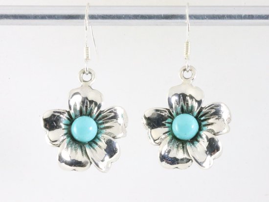 Bloemvormige zilveren oorbellen met blauwe turkoois afbeelding 3
