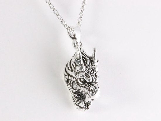Zilveren drakenkop hanger aan jasseron ketting afbeelding 5