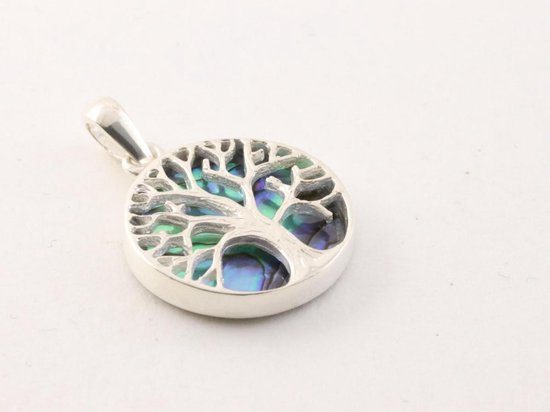 Fijne ronde zilveren hanger met levensboom op abalone schelp afbeelding 2