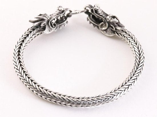 Zware zilveren snake armband met drakenkoppen afbeelding 1