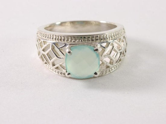Opengewerkte zilveren ring met aqua chalcedoon afbeelding 2