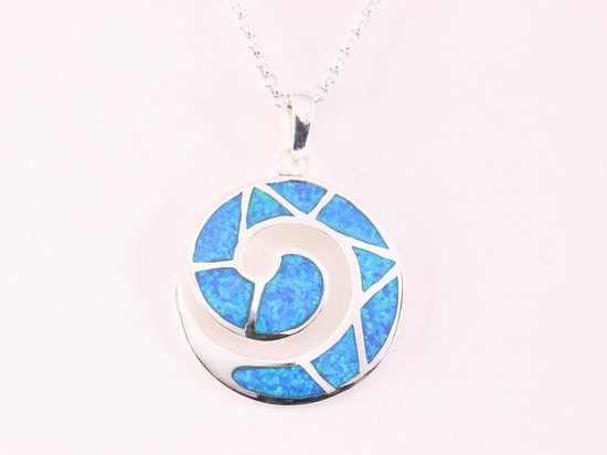 Ronde hoogglans zilveren hanger met Australische opaal aan ketting afbeelding 4