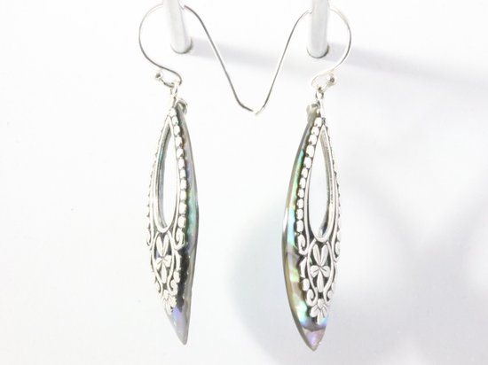 Lange bewerkte zilveren oorbellen met abalone schelp afbeelding 2