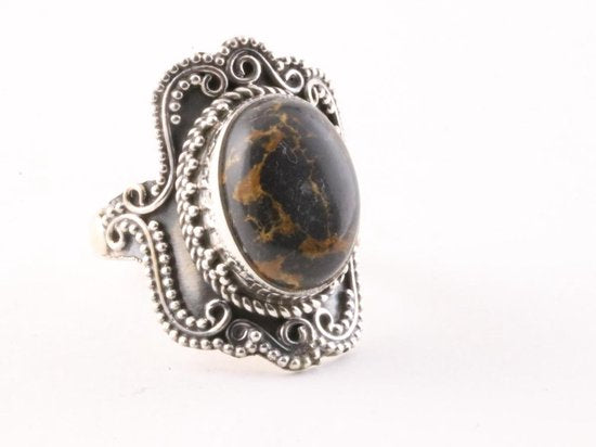 Bewerkte zilveren ring met zwarte koperturkoois afbeelding 1