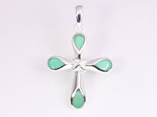 Hoogglans zilveren kruishanger met groene agaat afbeelding 4