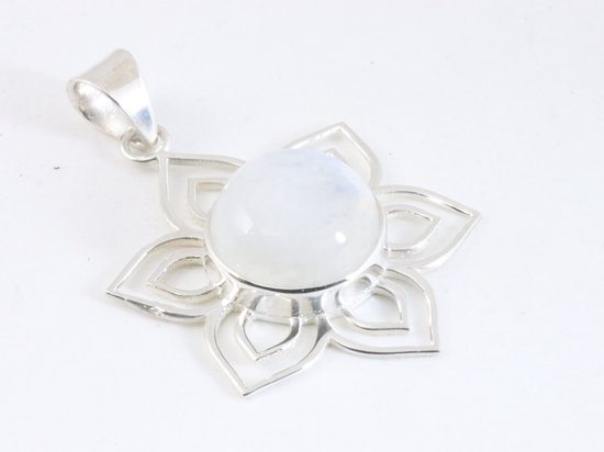 Opengewerkte bloemvormige zilveren hanger met regenboog maansteen afbeelding 2