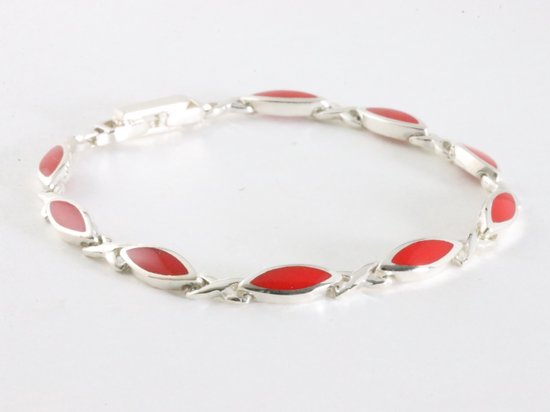 Hoogglans zilveren armband met rode koraal steen afbeelding 2