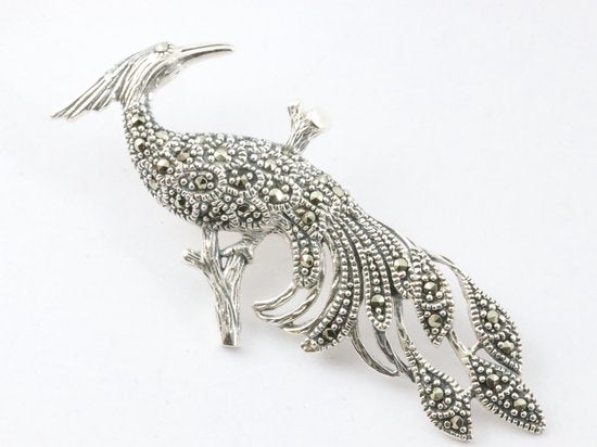 Zilveren pauw broche met marcasiet afbeelding 1