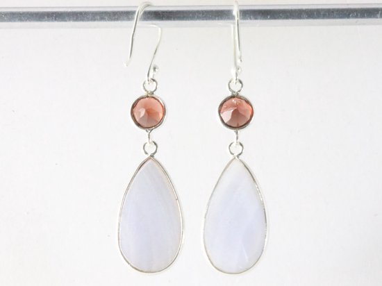 Zilveren oorbellen met blauwe lace agaat en granaat afbeelding 2