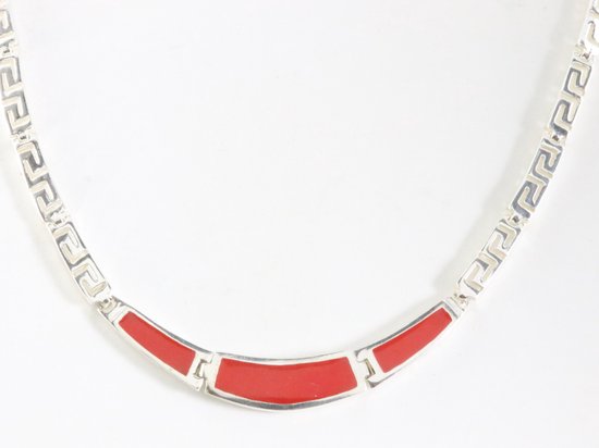 Hoogglans zilveren collier met rode koraal steen afbeelding 1