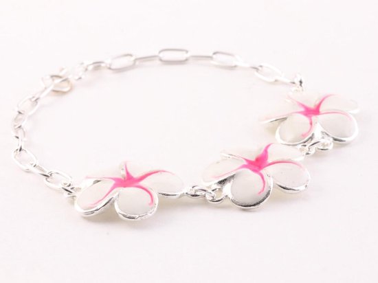 Zilveren schakelarmband met witte emaille bloemen afbeelding 2