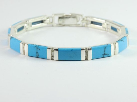 Zilveren schakelarmband met blauwe turkoois afbeelding 1