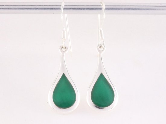 Druppelvormige zilveren oorbellen met groene agaat afbeelding 3