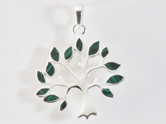 Grote zilveren levensboom hanger met malachiet afbeelding 4