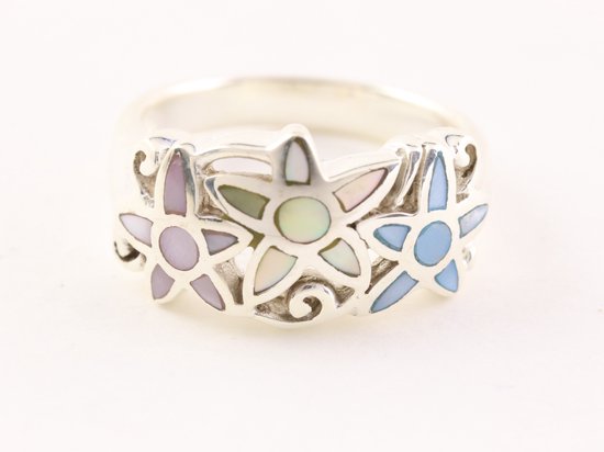 Opengewerkte zilveren ring met veelkleurige schelp bloemen afbeelding 4