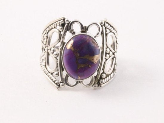 Opengewerkte zilveren ring met paarse koperturkoois afbeelding 4