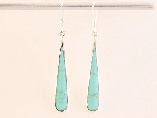 Lange druppelvormige zilveren oorbellen met groene turkoois afbeelding 3