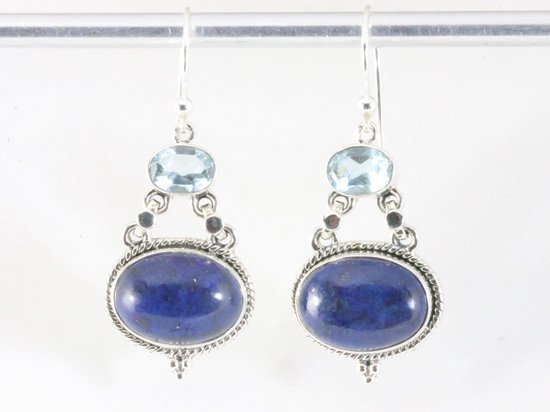 Bewerkte zilveren oorbellen met lapis lazuli en blauwe topaas afbeelding 4