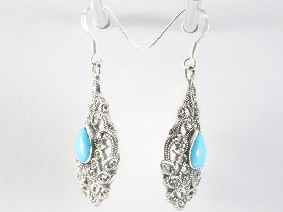 Zilveren oorbellen met blauwe turkoois en marcasiet afbeelding 2