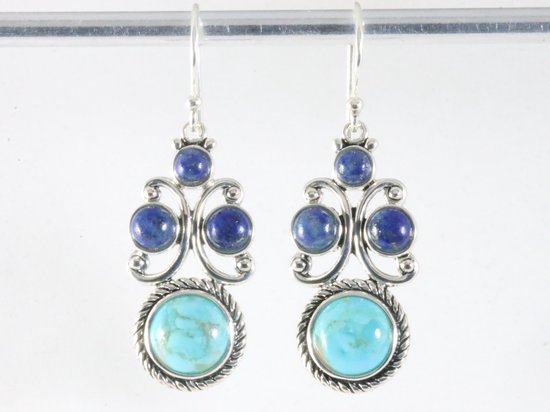 Bewerkte zilveren oorbellen met Arizona turkoois en lapis lazuli afbeelding 4