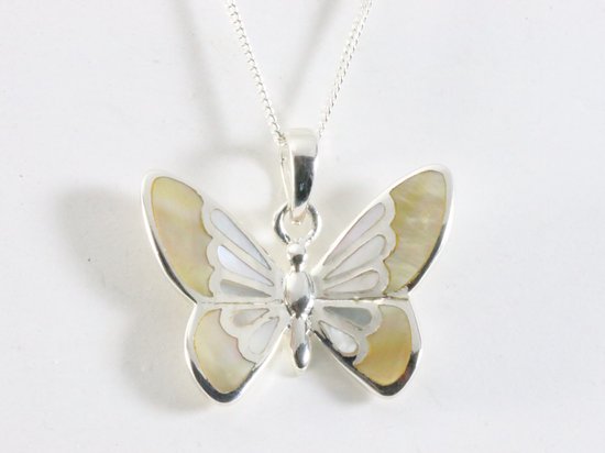 Zilveren vlinder hanger met goudkleurige schelp aan ketting afbeelding 4