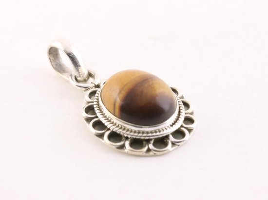 Fijne bewerkte zilveren hanger met tijgeroog aan ketting afbeelding 2