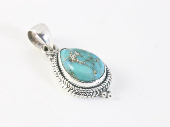 Bewerkte zilveren hanger met blauwe koperturkoois aan ketting afbeelding 2