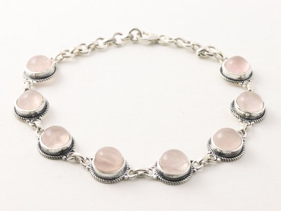 Bewerkte zilveren armband met rozenkwarts afbeelding 1