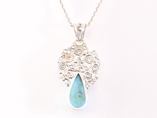 Opengewerkte zilveren hanger met Arizona turkoois aan ketting afbeelding 3